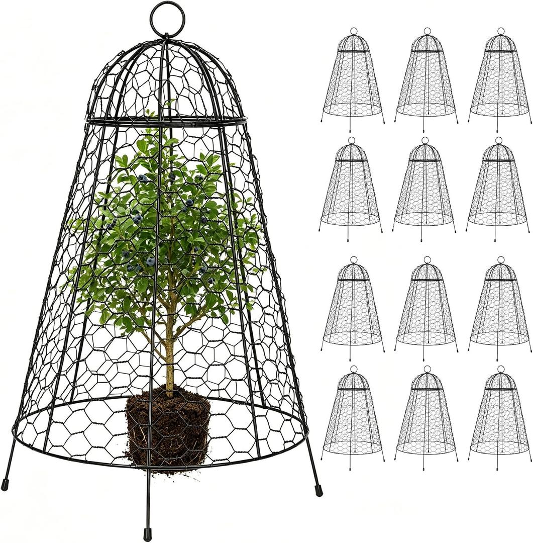 20" Tall Garden Cloches for Plants,12" Dia Extra Large Chicken Wire Cages,12-Pack Rustproof Metal Plant Protectors with Stakes, Heavy-Duty Fine Mesh Cloches for Outdoor Vegetables and Flowers (Black)