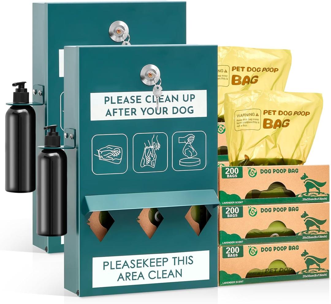 Abbylike 2 Set Outdoor Dog Bag Storage Dispenser with Bags and Hand Sanitizer Bottle Green Poop Station Wall Mounted Dog Waste Container for Pet Waste Wall Home Porch Lawn Yard Fence