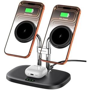 SwanScout Wireless Charger for iPhone Air/17, SwanScout 706M, Dual Magnetic Charger for iPhone 16/15/14/13/12 Series, Charging Station for AirPods Pro 3/2, AirPods 4/3rd (Black)