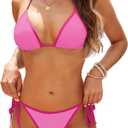 ZAFUL Triangle Bikini for Women 2 Piece Halter Bikini Sets Sexy High Cut Bathing Suit Side Tie Swimsuits (Small, 2-colorblock Hot Pink)
