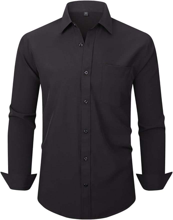 corfty Men Long Sleeve Dress Shirt - Regular Fit Stretch Free-Wrinkle Casual Button Down Shirt (Large, Black)