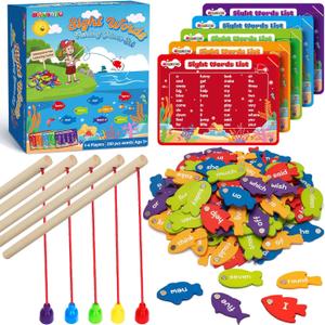 BAYSING Wooden Magnetic Sight Word Fishing Game for Toddlers, Alphabet Fish Catching Games Puzzle with Letters, Homeschool Sight Word Educational Toy for Age of 3,4,5,6 Year Old Kids, Boys & Girls