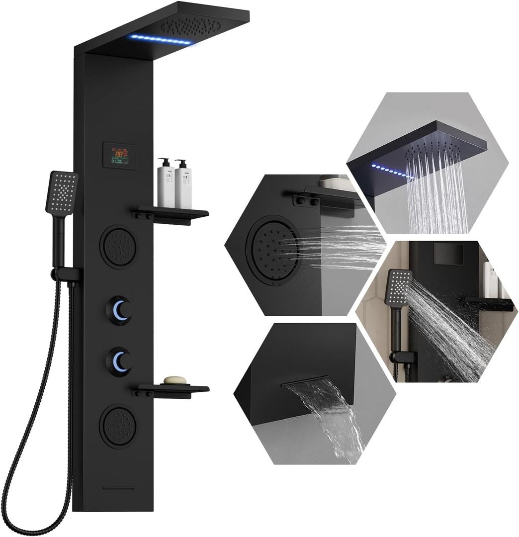 Homevacious 4 In 1 Shower Panel Shelf LED Rainfall Shower Head and Adjustable Massage Body Jets 3-Functions with Handheld Shower Tub Spout Stainless Steel Bathroom Shower Fixtures Matte Black