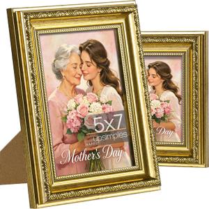 upsimples 5x7 Picture Frame with Real Glass, Ornate Vintage 5 x 7 Photo Frames for Wall Decor or Tabletop Display, Gold, 2 Pack