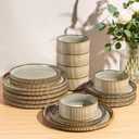GBHOME 18-Piece Stoneware Dinnerware Set for 6 Ribbed Ceramic Plates and Bowls, Scratch-Resistant, Microwave & Dishwasher Safe, Reactive Glaze, Reactive Glaze Green Wheat