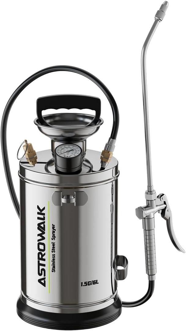 1.5 Gallon Stainless Steel Pump Sprayer with 20" All-Steel Wand & 4FT Reinforced Hose for Lawn Care, Weed Treatment & Pest Control, Includes Viton & EPDM Seals, Gloves