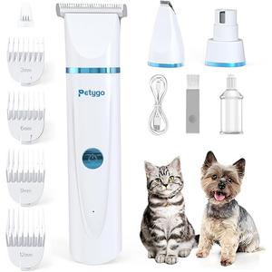 3-in-1 Dog & Cat Grooming Kit - Rechargeable Cordless Pet Hair Clippers with Nail Grinder & Paw Trimmer & 5 Guide Combs, Low Noise Dog Clippers for Grooming Small Medium Pets