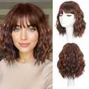 iAelev Wigs With bangs Brown Highlight 12 Inch Short Length Wigs for Women - Middle Part Synthetic Wavy Hair with Upgraded Strands, Natural Hair for Daily Party & Halloween Use