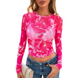 PRETTYGARDEN Women's Mesh Long Sleeve Spring Top 2026 Trendy Summer See Through Sheer Blouse Fitted Going Out Layering Shirts (Pink, L)