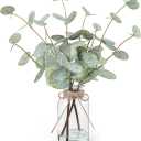 Artificial Eucalyptus Stems in Glass Vase with Faux Water, 13.5” Fake Plants for Home Decor, Coffee Table Centerpieces, Office, Bathroom & Farmhouse Weddings - Faux Greenery Plants Decorations