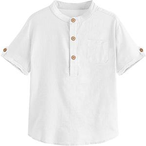 Boys Short Sleeve Henley Shirt Button Up Linen Cotton Dress Shirts Tees Tops with One Pocket, Size: 3-4T