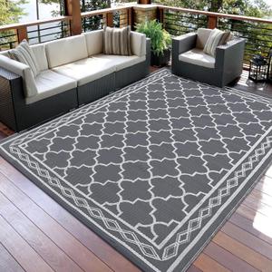 GarveeHome Outdoor Rug 5x8 Waterproof Outdoor Plastic Straw Rug for Patio Reversible Portable Plastic Straw Rug Indoor Outdoor Carpet for Porch, Deck, Backyard, Balcony, Grey/White(Geometric)