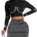 chicyes Womens 2 Piece Outfits Sexy Long Sleeve Top Rhinestone Sparkly Vacation Concert Fall Outfits Spring Mini Skirt Set (Medium, Black)