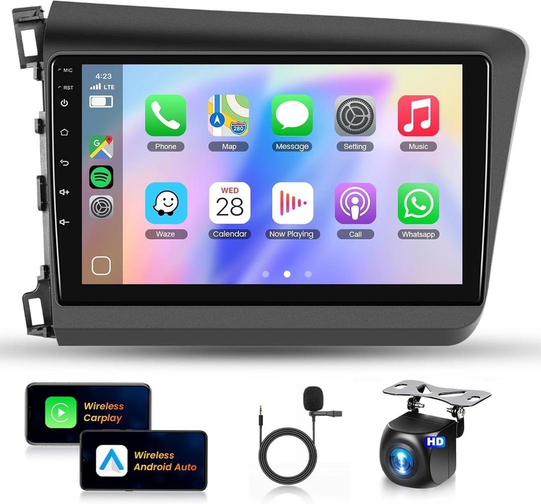 Car Stereo for Honda Civic 2012 2013 2014 2015 [2+64G] with Wireless Carplay & Android Auto, 9 Inch Touch Screen Car Radio for Civic Bluetooth GPS Navigation DSP WiFi FM SWC for Honda Civic Radio