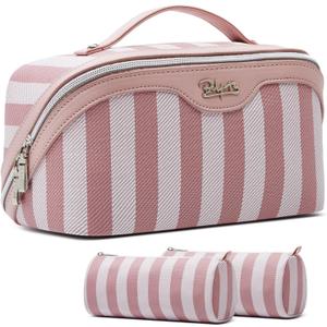 BOYATU Travel Makeup Bag for Women: Large Cosmetic Bag Set of 3 - PU Leather Make up Bag with Compartments - Compact Waterproof Toiletry Bag with Divider & Handle (B-1-Pink)