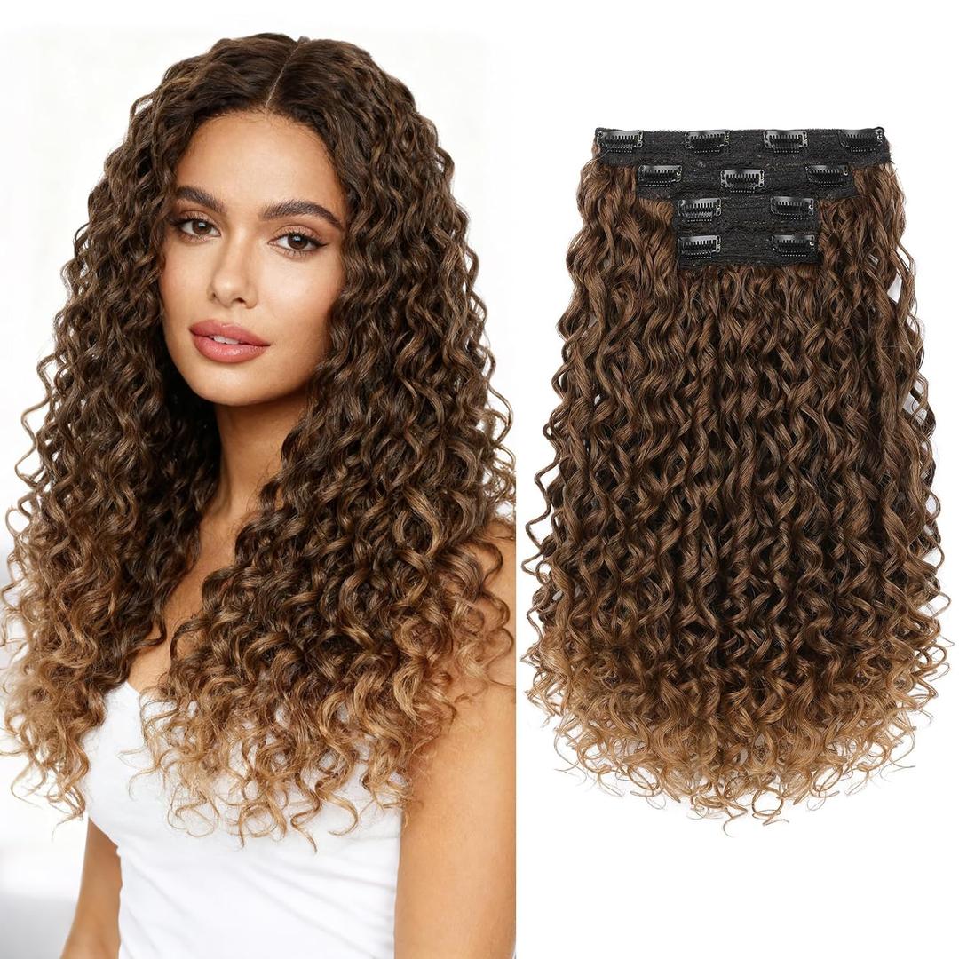 FLUFYMOOZ Clip in Hair Extensions, 18'' 4PC 100 Pure Protein Silk Curly Hair extension for Women Lace Weft Hairpiece Natural Soft and comfortable for Daily Use-Almond Brown with Cooper Red