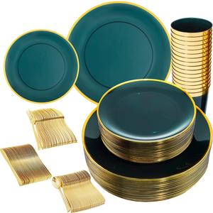 LIYH 180 Pcs Clear and Green Gold Plastic Christmas Plates - Emerald Green Disposable Plastic Dinnerware Sets, Include Dishes, Tableware, Cups for Party & Christmas & Wedding 30 Guests