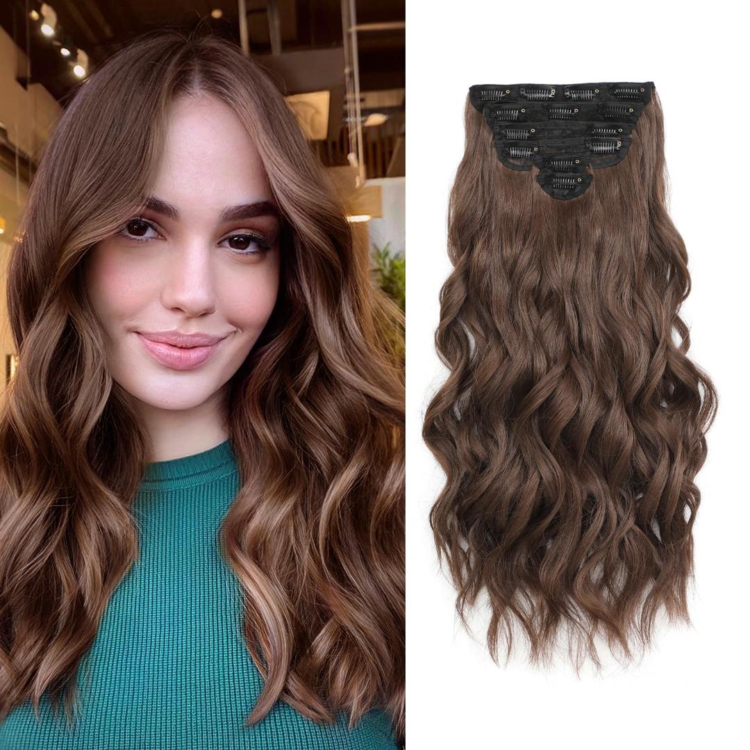 Synthetic Clip in Hair Extensions, Natural & Soft Hair & Blends Well Light Brown Hair Extensions, Long Wavy Hairpieces(16inch, 6pcs, Chocolate Brown)