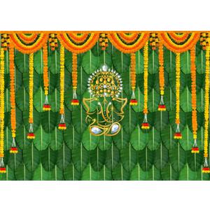 7x5 FT Pooja Backdrop Indian Ganpati Puja Traditional Chatiya Ganesh Mehndi Background Indian Decorations for Pooja Festival Wedding Party Marigold Garlands Photo Booth Props Banner