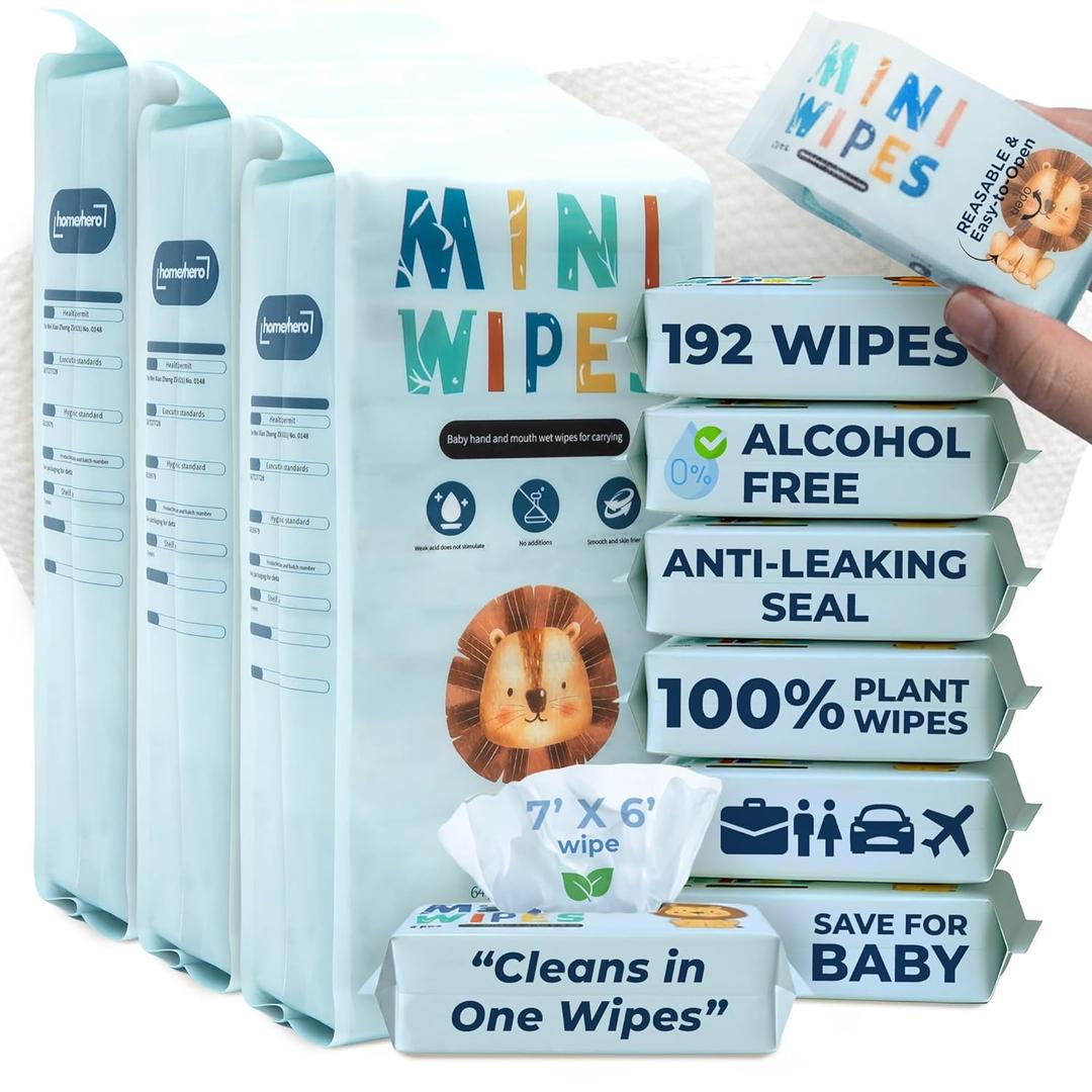 Travel Baby Wipes - 100% Plant-Based Bamboo, Safe for Babies & Sensitive Skin, Unscented, Alcohol-Free, Hypoallergenic, Leak-Proof, Eco-Friendly, 7x5.6 Inch, Moist Up to 30 Days 192 Wipes (Sky Lion) (8 Count (Pack of 24))