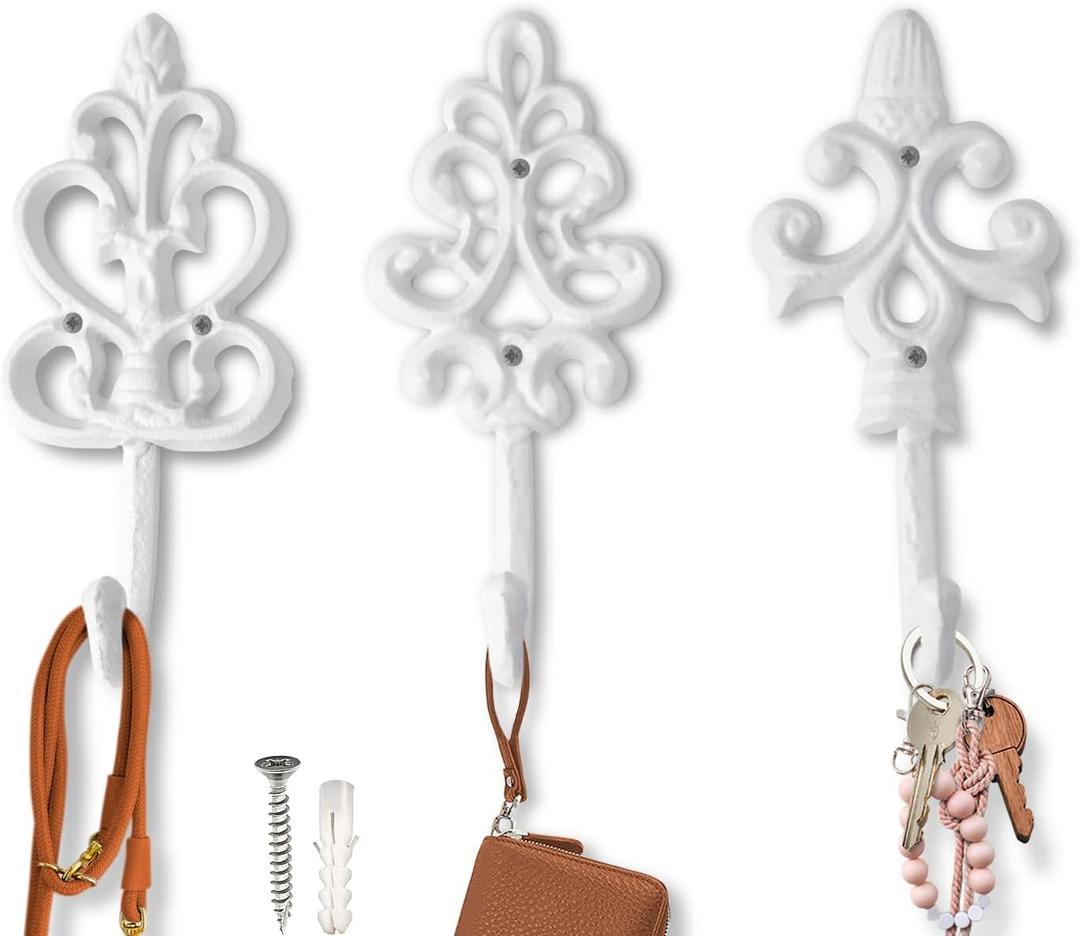 Shabby Chic Decorative Wall Hooks - Set of 3 - Cast Iron French Country Wall Decor - Farmhouse Hangers for Coats, Purses and More - Pure White