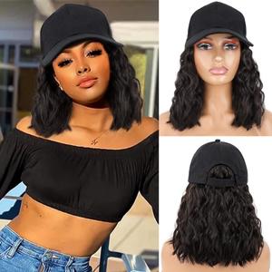 Hat Wig for Women Short Wave Baseball Cap Wigs with Curly Hair Extensions Wig Synthetic Wave Adjustable Brown Black Baseball Hat Wigs (14 Inch)