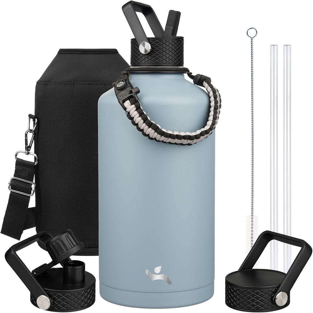 Konokyo Gallon Insulated Water Bottle with Straw,128 oz 3 Lids Water Jug with Carrying Bag,Paracord Handle, Double Wall Vacuum Stainless Steel Metal Flask,Storm Blue