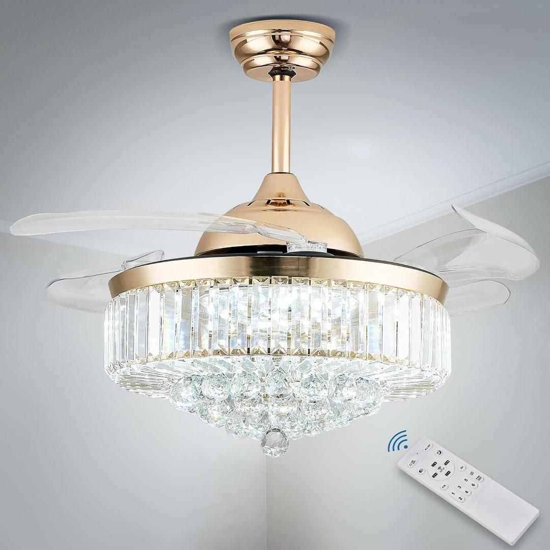 42 Chandelier Ceiling Fan Lighting Dimmable Remote Control Fandeliers Crystal Ceiling Fan with Lights for Bedroom Living Room Speed 3 Light (Gold