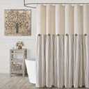 Farmhouse Shower Curtain Linen Beige Button Woven Fabric Country Rustic Western, Pleated Brown Stripe 72" W x 72" L