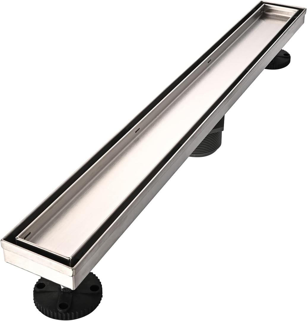 Linear Shower Floor Drain, 24 Inch Brushed Nickel 304 Stainless Steel Bathroom Drains Kit, Rectangular Shower Trench Drain with Reversable Tile-in Pattern Drain Cover & Hair Catcher (Brushed Stainless)