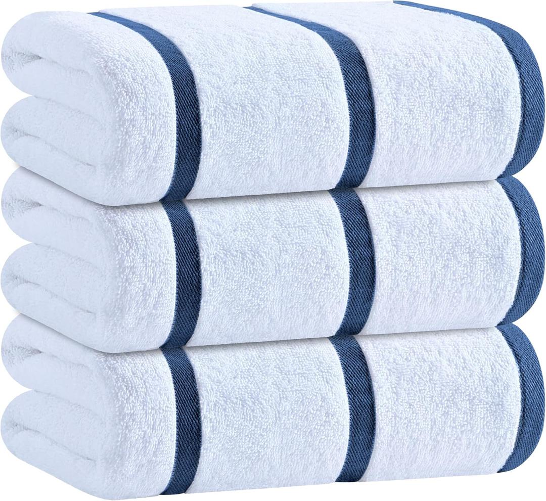 White Classic Cotton Pool Towels Oversized 35 x 70 Inches, Ultra Absorbent and Low Lint Striped Beach Towels for Adults, Stripes Design Luxury Extra Large Bath Towels, Navy Blue, 3 Pack