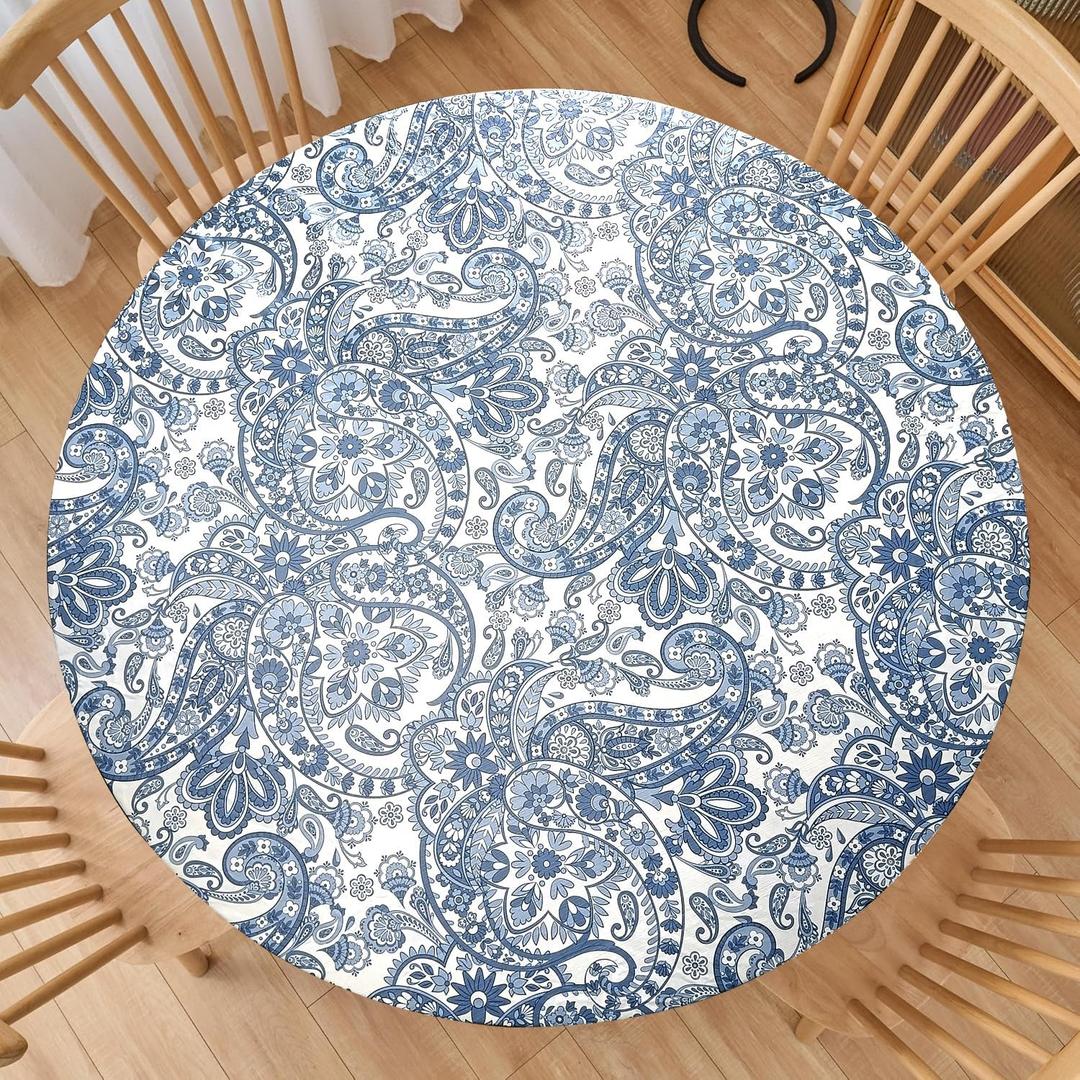 LIBERECOO Luxury Paisley Round Vinyl Tablecloth with Flannel Backing - Waterproof, Oilproof, Wipeable Dining Table Cover for Indoor/Outdoor Use (Paisley Navy Blue)