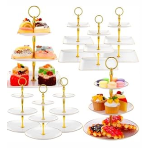Teenyyou 8 Pack 3 Tier Cupcake Stand Bulk Tiered Dessert Stand Thick Plastic Square and Round Serving Tray Dessert Table Display Set Tea Cake Holder for Wedding Birthday Tea Party(Gold Edge) 