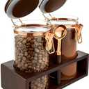 Glass Coffee Container with Wooden Shelf, 2 x 40 FLOZ Coffee Bean Storage with Sealed Closure Clips and Copper Spoon, Kitchen Large Capacity Food Storage Jar, Ground Coffee Container