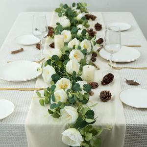Floweroyal 2 Pack Artificial Flower Garlands 15.8FT Eucalyptus Garlands with Flowers 12 Head Peony Flower Vine Silk Rose Vine for Wedding Arch Table Wall Backdrop Party Home Decoration. (White) (Cream White)