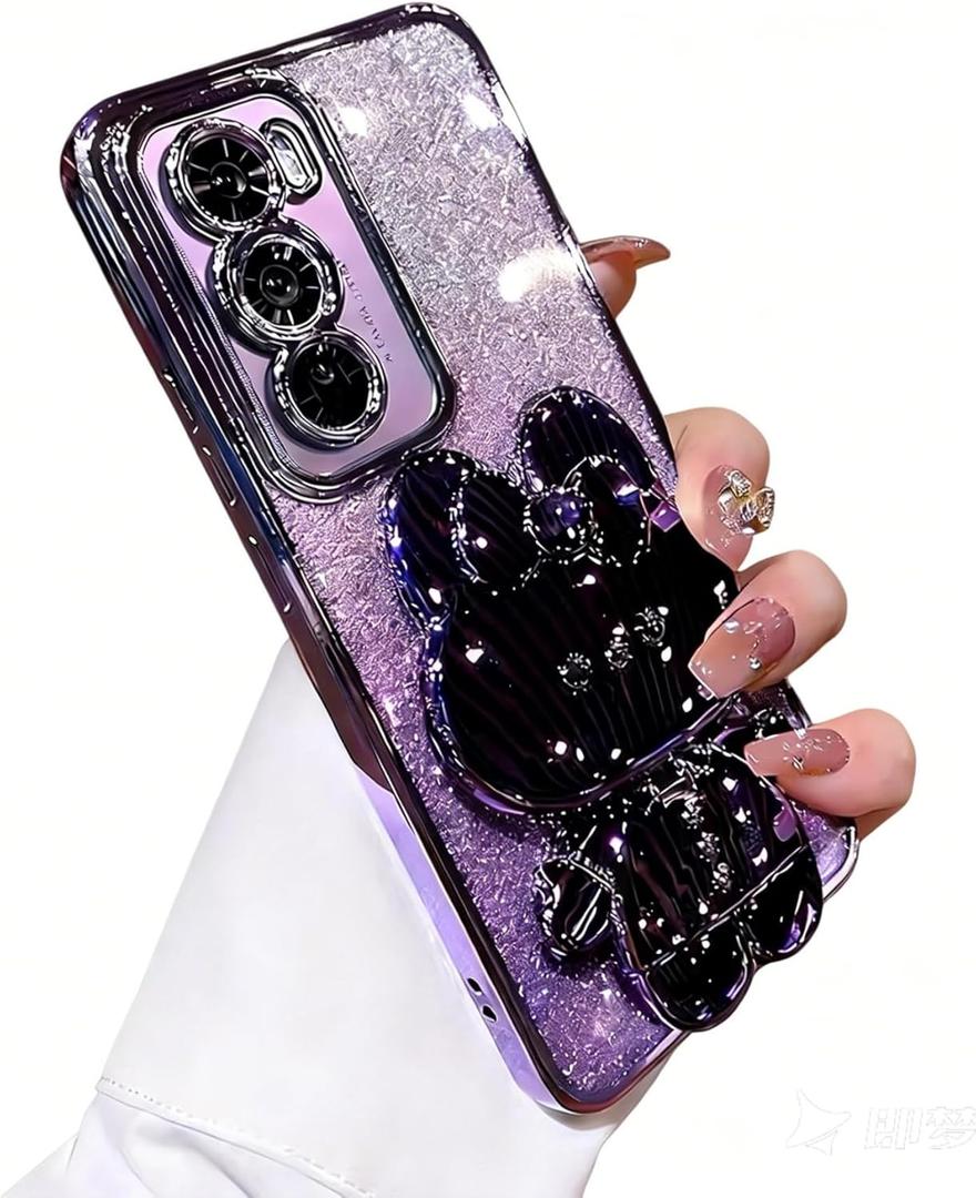 for Samsung Galaxy A17 5G Case for Women Girls,A17 Phone Case Cute Hidden Rabbit Mirror Kickstand Design,Luxury Plating Soft TPU with Bling Glitter Layer Girly Phone Case for Samsung A17 Purple
