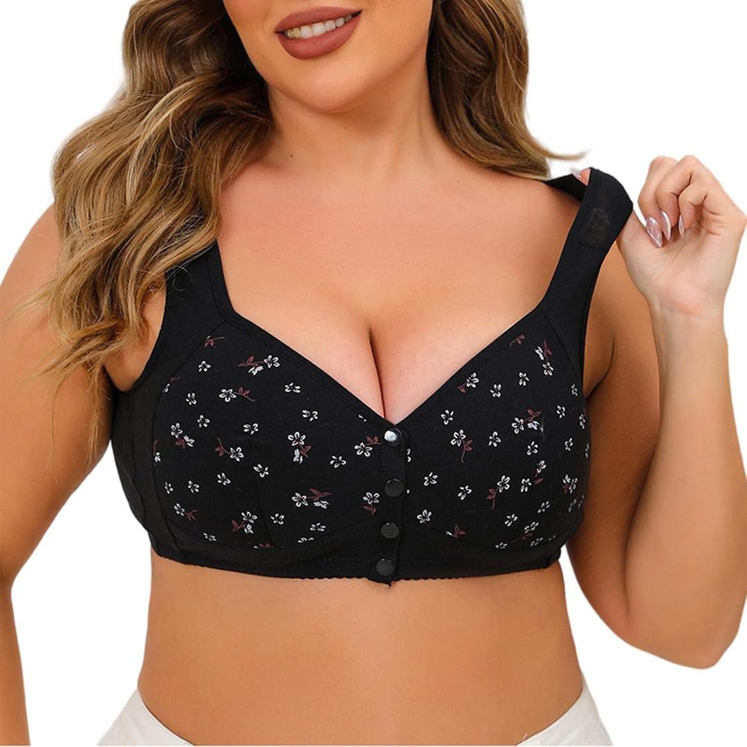Generic Daisy Bra for Older Women, Breathable Front Closure Daisy Bra, Full Support Wide Back No Underwire Push Up Bra Black, 46