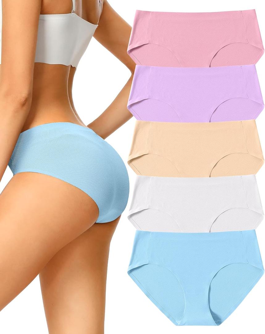 voenxe Women Seamless Hipster Underwear,Breathable Ladies Panties Bikini,No Show Briefs,Comfortable Undies for Women 5-Pack (Medium)