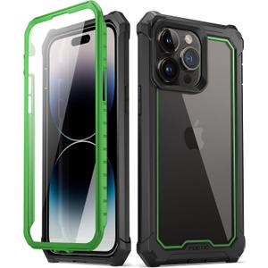 Poetic Guardian Case Compatible with iPhone 14 Pro 6.1 Inch, [20 FT Mil-Grade Drop Tested] Full-Body Hybrid Shockproof Protective Rugged Clear Cover Case with Built-in Screen Protector, Green/Clear