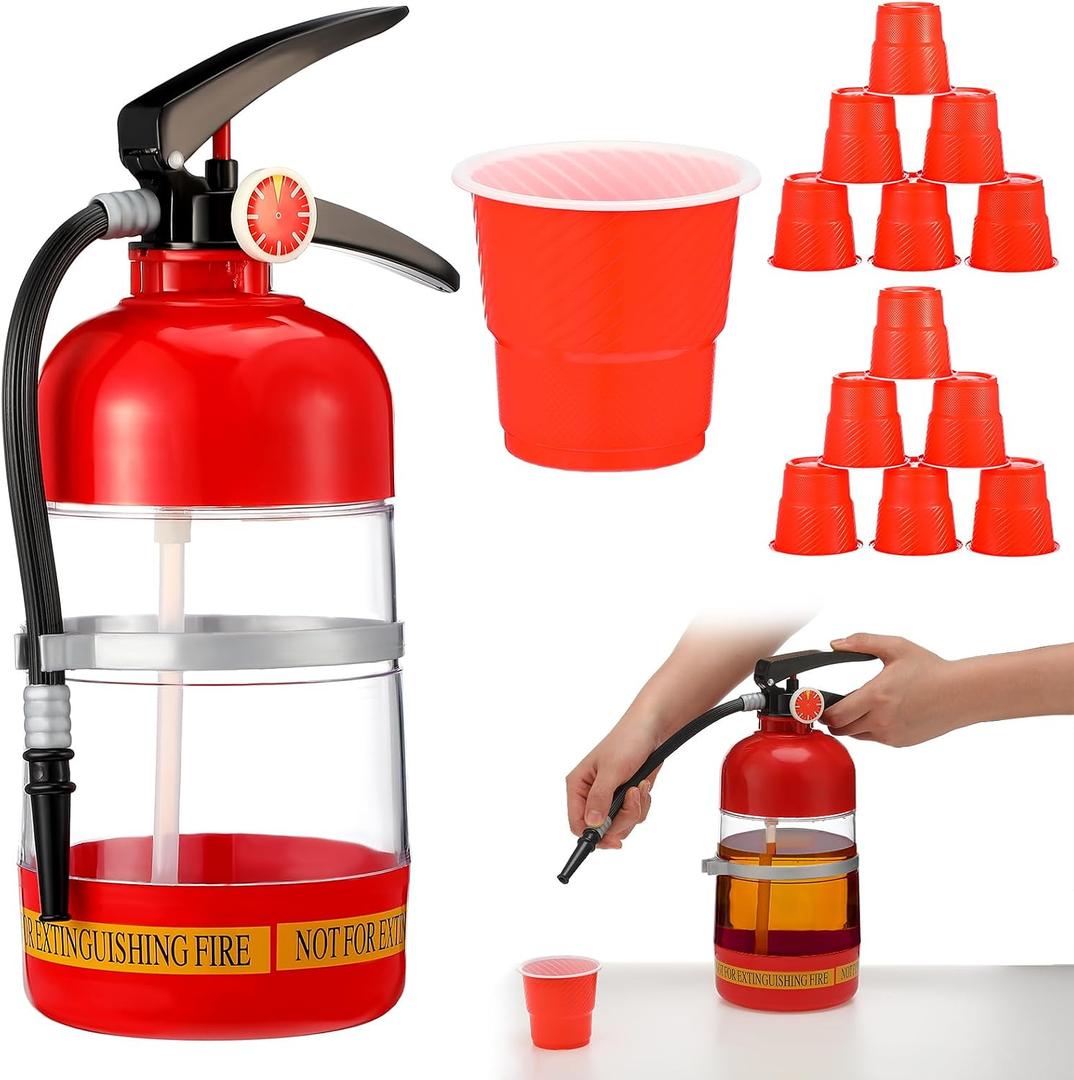 Potchen 2l/70oz Liquor Drink Dispensers Fire Extinguisher with 12 Cups Firefighter Firetruck Birthday Party Supplies Portable Drink Beverage Alcohol Wine Dispenser Pump for Beer Cocktail Whiskey