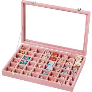 Frebeauty 48 Grid Jewelry Tray,Adjustable Earring Holder Organizer with Glass Lid,Velvet Drawer Jewelry Organizer for Rings,Studs,13.8 x 9.5 x 2 Inches Jewelry Display Box,Gift for Women(Pink)
