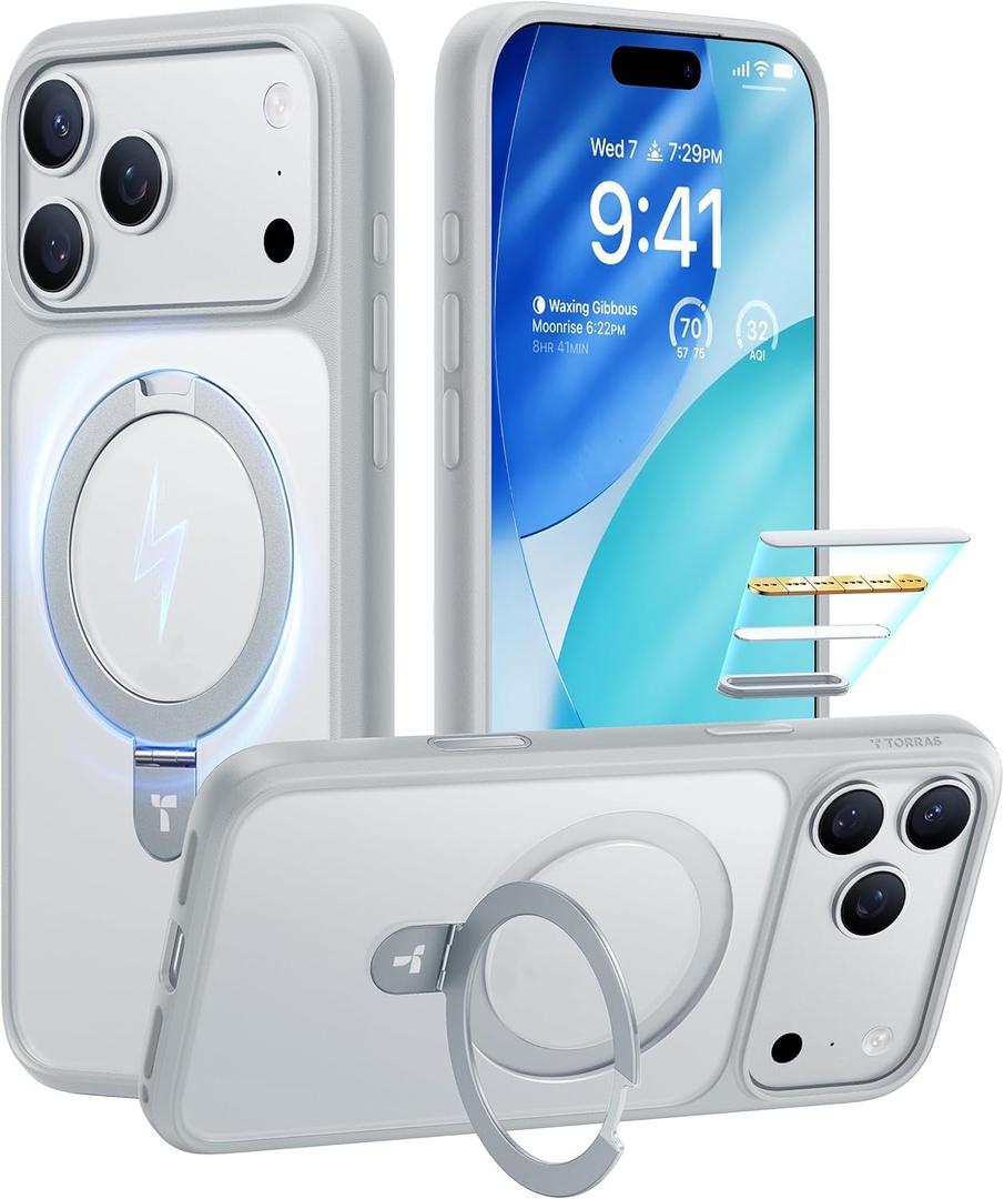 TORRAS Ostand for iPhone 17 Pro Case Magnetic, Fit for MagSafe, 4X Military Drop Protection, Camera Control, Slim Phone Case for iPhone 17 Pro with Kickstand, Translucent Matte Cover 6.3", Silver Gray