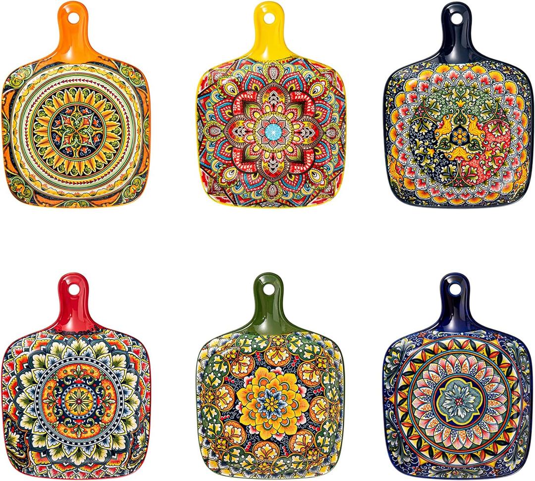 Henten Home Ceramic Square Bowls with Handle, Porcelain 17 oz Salad Bowls Set of 6, Colorful Serving Bowl for Snack, Dishwasher & Microwave Safe