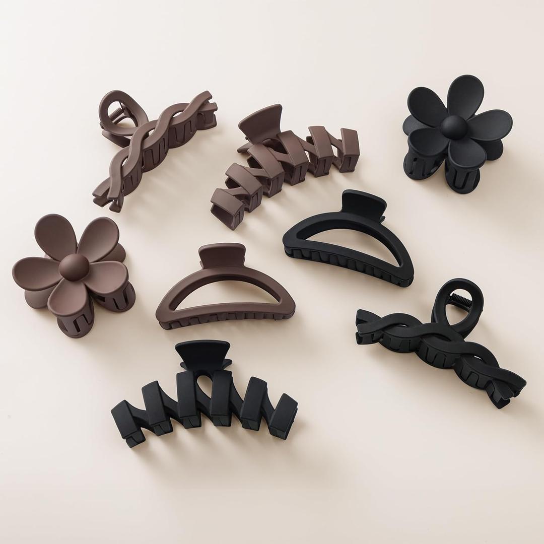 8PCS Hair Clips for Women, Flower Claw Clips for Thick Hair, Non-Slip Hair Accessories with Multi-Styles, Neutral Colors Hair Claw Clips and Variety Pack, Ideal for Girls (8PCS(Dark Brown/Black))