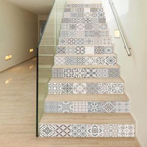 TUOKING 13 Strips Stair Stickers, PVC Home Decor Decals, Self-Adhesive Refurbished Staircase Murals, 39''L x 7''W, Tiles Pattern (Glazed Tile)