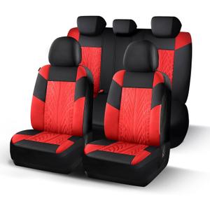 HChengkikz Car Seat Covers Full Set, Cloth Car Seat Covers, Quick Setup, Airbag Compatible Car Seat Protectors Universal for Most Cars, Trucks, SUVs (Black + red)
