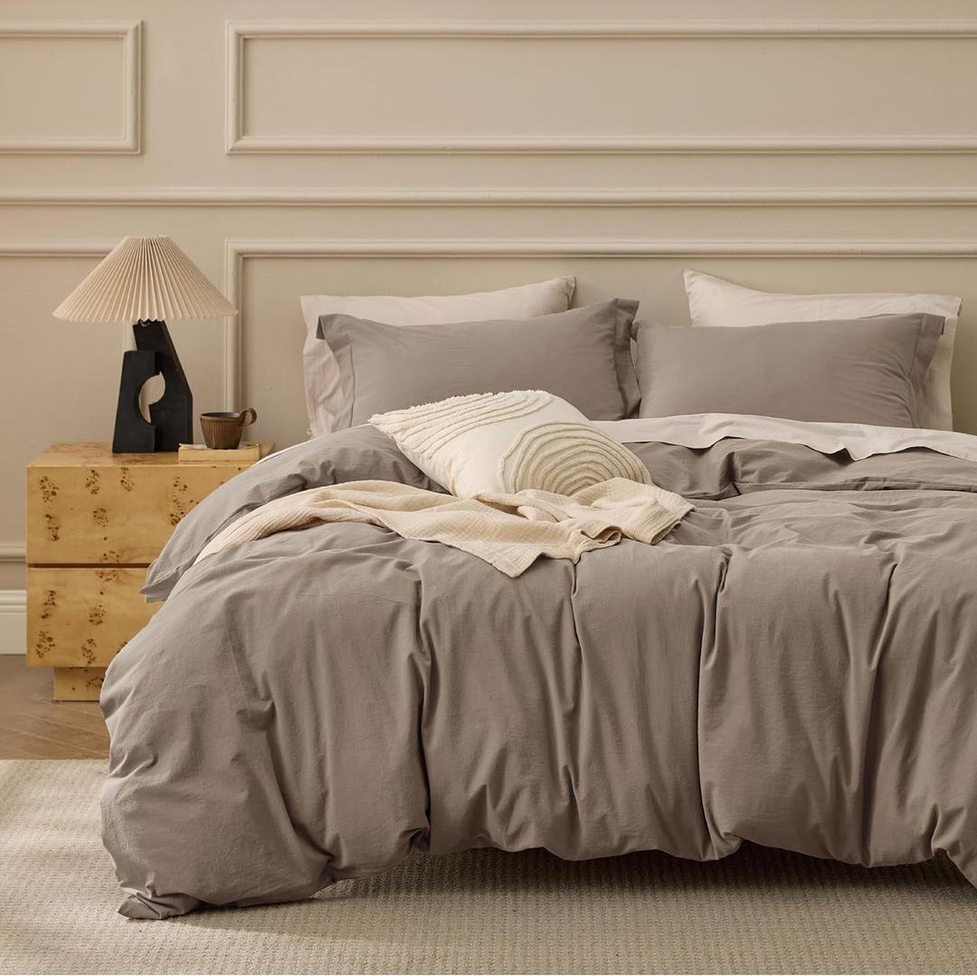 Bedsure 100% Washed Cotton Duvet Cover King Size - Light Brown Minimalist Cotton Duvet Cover Linen Like for All Seasons - GentleSoft Plain Simple Bedding, 3 Pieces (Light Brown, King, 104"x90")