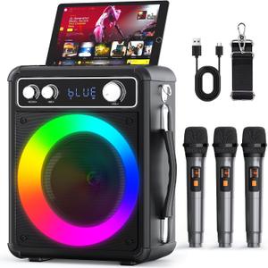 VOSOCO Karaoke Machine with 3 Wireless Rechargeable Microphones, Portable Bluetooth Speaker for Adults Kids, PA Systems Support TWS Echo Adjust TF USB AUX for Home Party Outdoor Travel