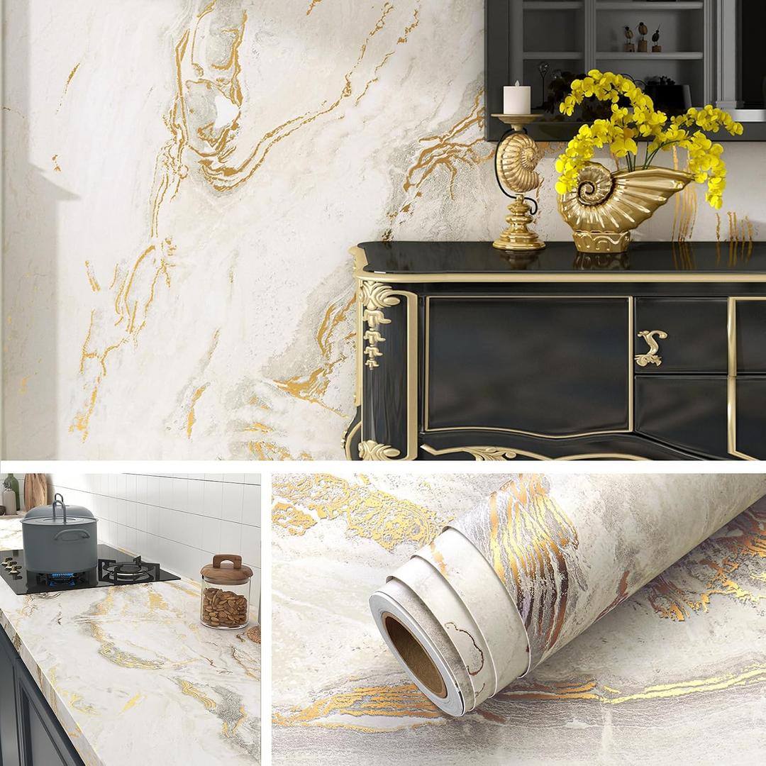 Livelynine 15.8x394 Marble Peel and Stick Wallpaper Off White and Gold Marble Countertop Contact Paper Waterproof Kitchen Counter Top Vinyl Wrap Heat Resistant Removable Desk Wallpaper Granite Covers