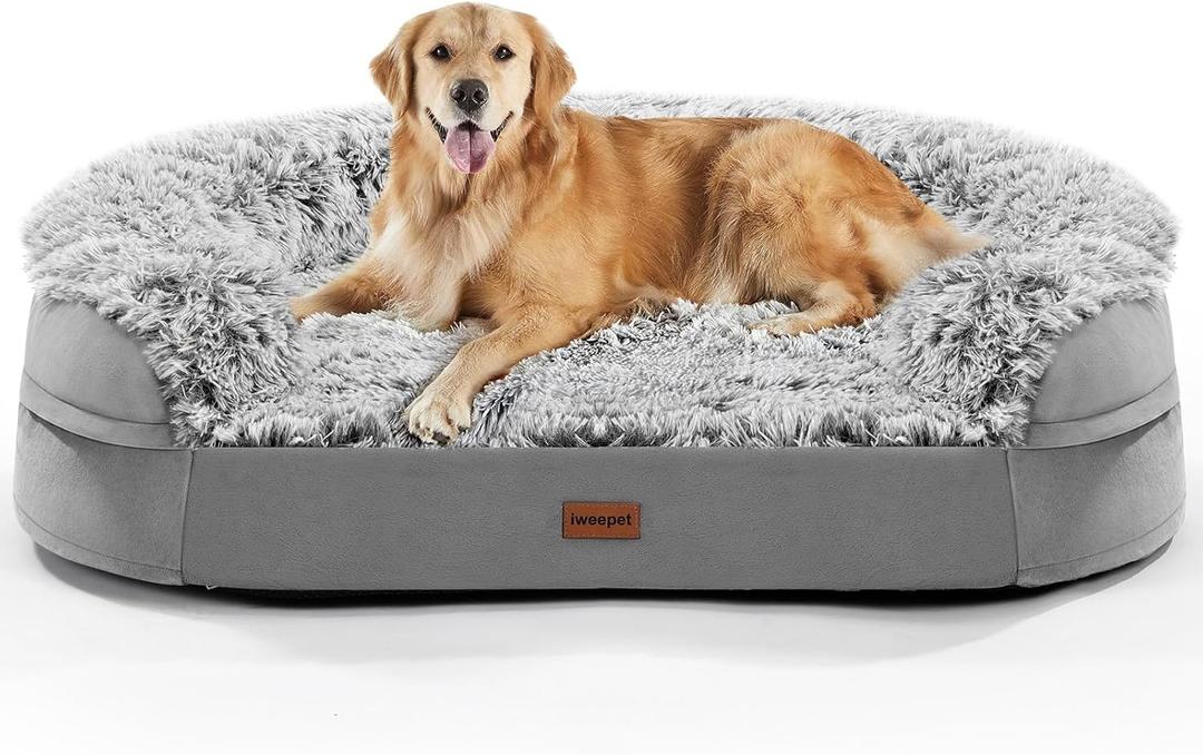 iweepet 3.7 inch Thickened Orthopedic Dog Beds for Extra Large Dogs, Fluffy Supportive Dog Sofa Bed with 28D Egg-Crate Foam, Removable Washable Cover, Waterproof Lining, Cozy Oval Design,Grey